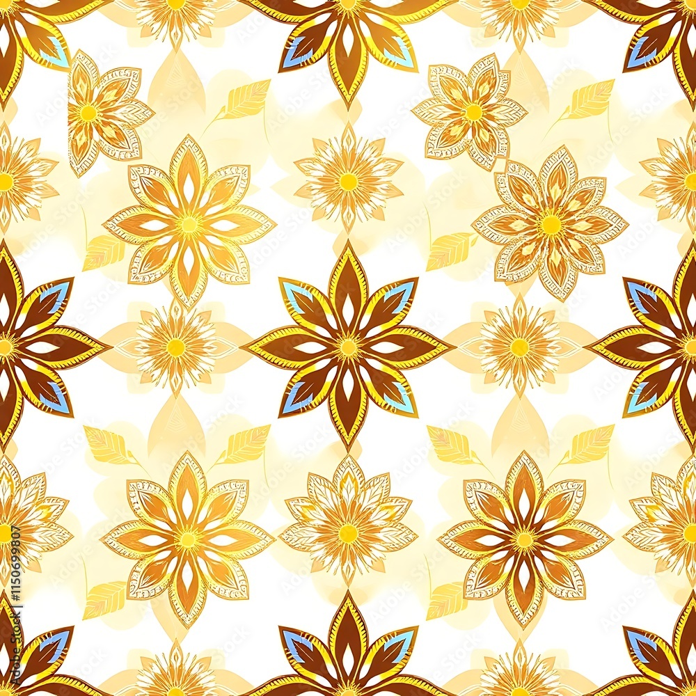 Golden Floral Mandala Seamless Pattern: An intricate and elegant pattern of golden floral mandalas, perfect for adding a touch of sophistication and beauty to your designs. Golden Floral Mandala Seamless Pattern: An intricate and elegant pattern of golden floral mandalas, perfect for adding a touch of sophistication and beauty to your designs.