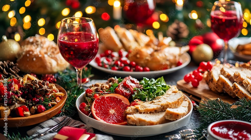 Festive Christmas dinner table with roasted turkey, cranberry sauce, salad, wine, and decorations. Festive Christmas dinner table with roasted turkey, cranberry sauce, salad, wine, and decorations.