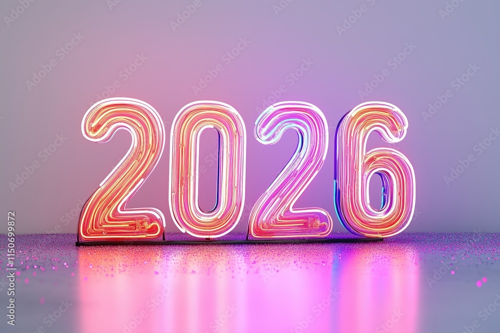 Neon 2026 sign with vibrant colors and reflective surface Neon 2026 sign with vibrant colors and reflective surface