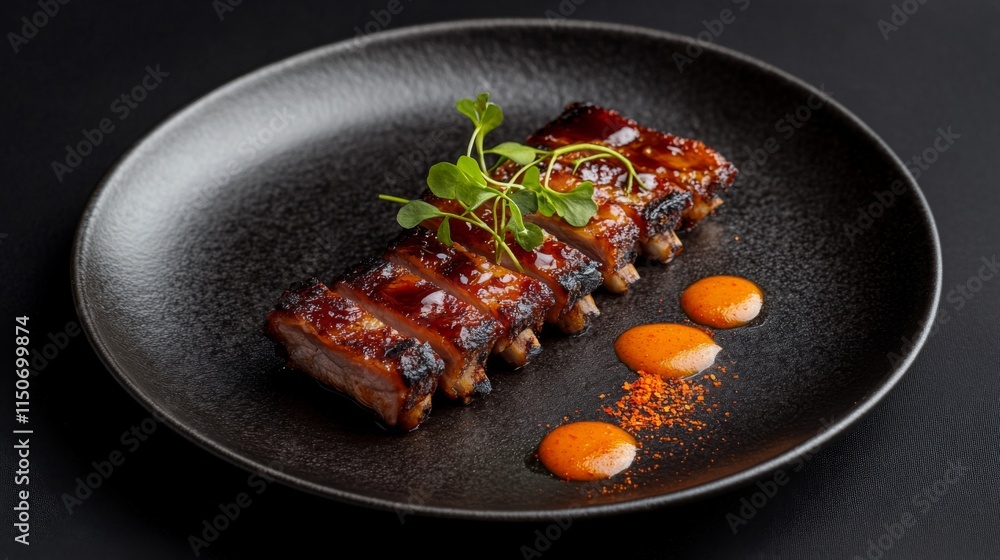 Delicious Grilled Rib with Sauces and Microgreens on Black Plate Delicious Grilled Rib with Sauces and Microgreens on Black Plate