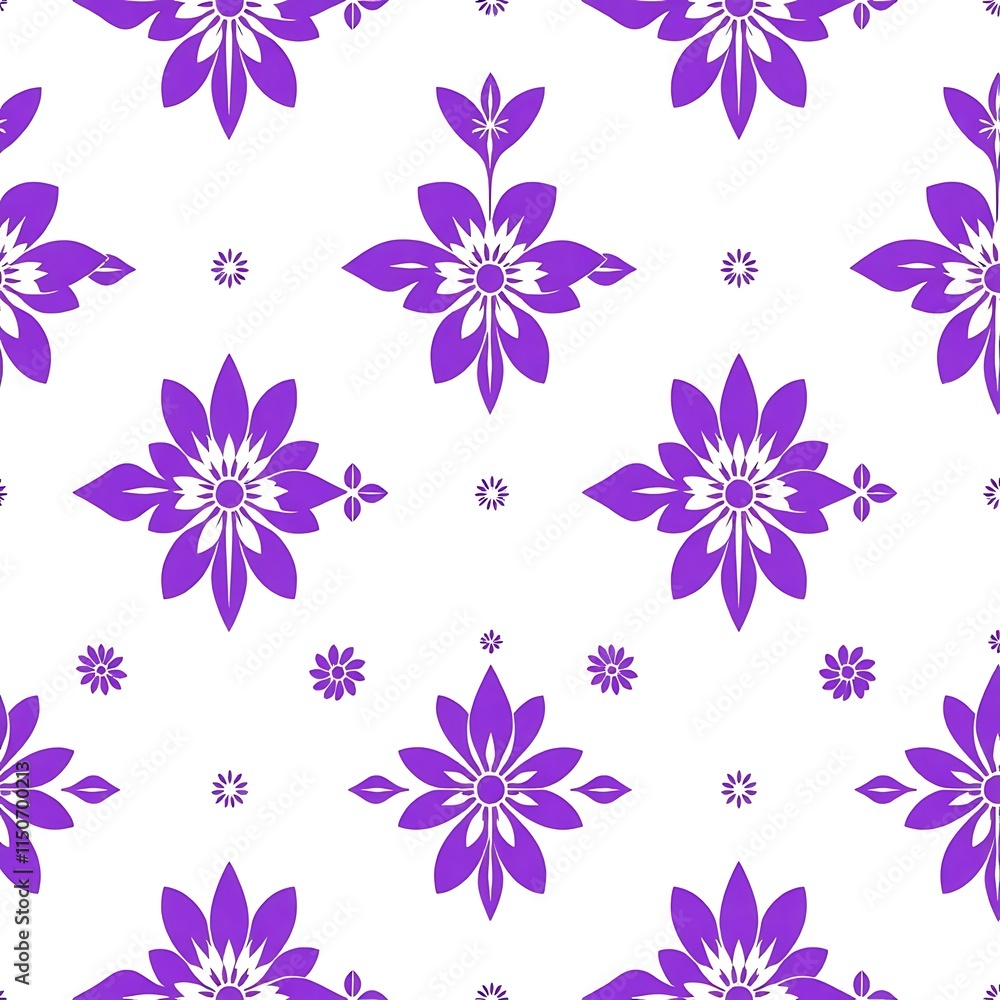 Purple Floral Pattern: A seamless repeat of stylized purple flowers on white background. Perfect for textile design, wallpaper, or surface patterns. Purple Floral Pattern: A seamless repeat of stylized purple flowers on white background. Perfect for textile design, wallpaper, or surface patterns.