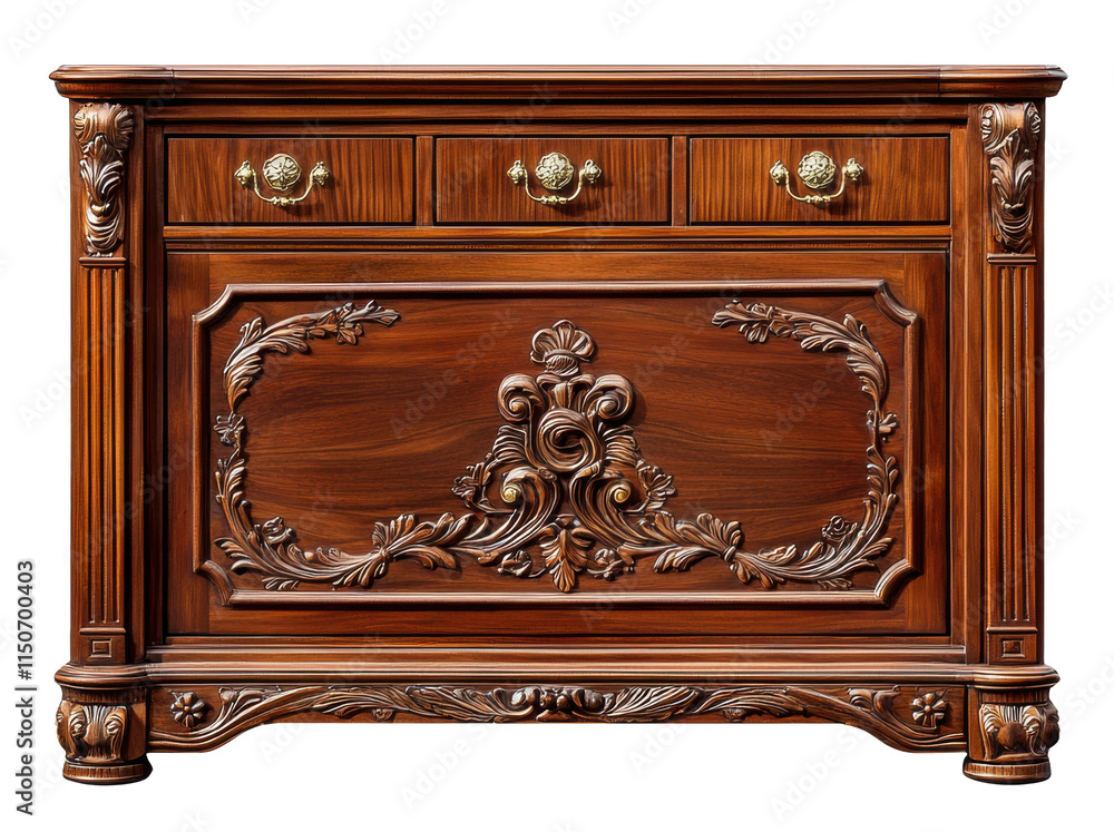 A traditional wooden sideboard with ornate carvings, brass handles, and a deep cherry wood finish, isolated on transparent background A traditional wooden sideboard with ornate carvings, brass handles, and a deep cherry wood finish, isolated on transparent background