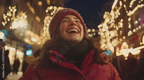 Joyful woman laughing at night market.