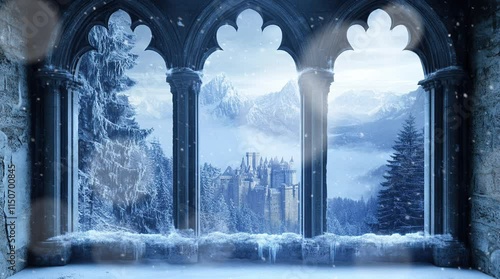 Snowy rock mountains landscape seen from castle window with winter atmosphere
Seamless looping 4k time-lapse virtual video animation Generated AI