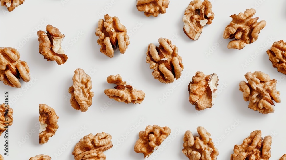 Scattered Walnut Halves on White Background Scattered Walnut Halves on White Background