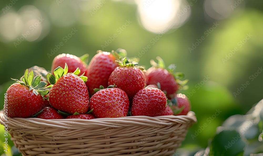 Close-Up of Strawberries in a Basket with Garden Background Close-Up of Strawberries in a Basket with Garden Background