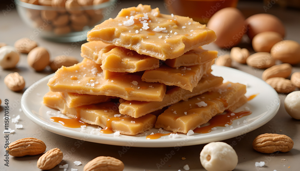 Salted caramel brittle stacked on a white plate Salted caramel brittle stacked on a white plate