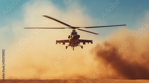 A helicopter gunship hovering above a desert, creating a dramatic dust cloud with its rotor blades during a tactical operation. photo