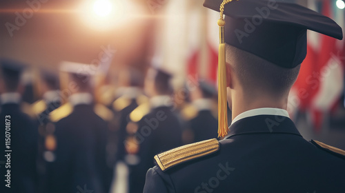 Soldiers standing proudly at a military graduation ceremony, wearing formal uniforms and caps, celebrating their achievement in a hall adorned with flags.