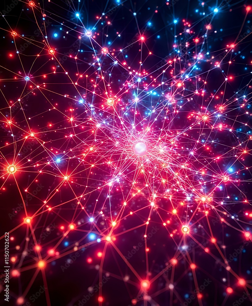 Cybernetic Art Nouveau Web: Glowing Nodes in Red, Blue & White