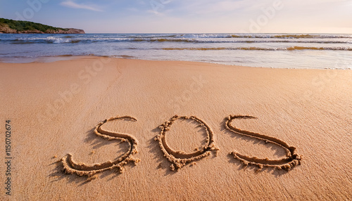 Fototapeta Naklejka Na Ścianę i Meble -  Written on the beach, SOS, carving, distress, rescue, help, deserted island, tropical, wave, sea, sand, shore
