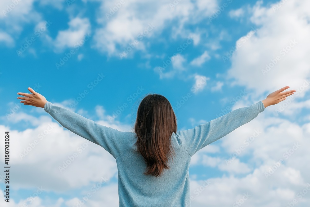 A woman with long hair is standing in the open air, looking up at the sky. The sky is blue with a few clouds, and the woman is enjoying the view A woman with long hair is standing in the open air, looking up at the sky. The sky is blue with a few clouds, and the woman is enjoying the view