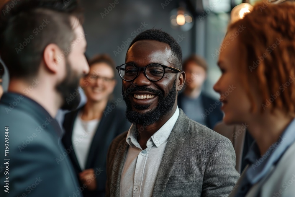 Smiling african american businessman in eyeglasses looking at camera with colleagues in background Smiling african american businessman in eyeglasses looking at camera with colleagues in background