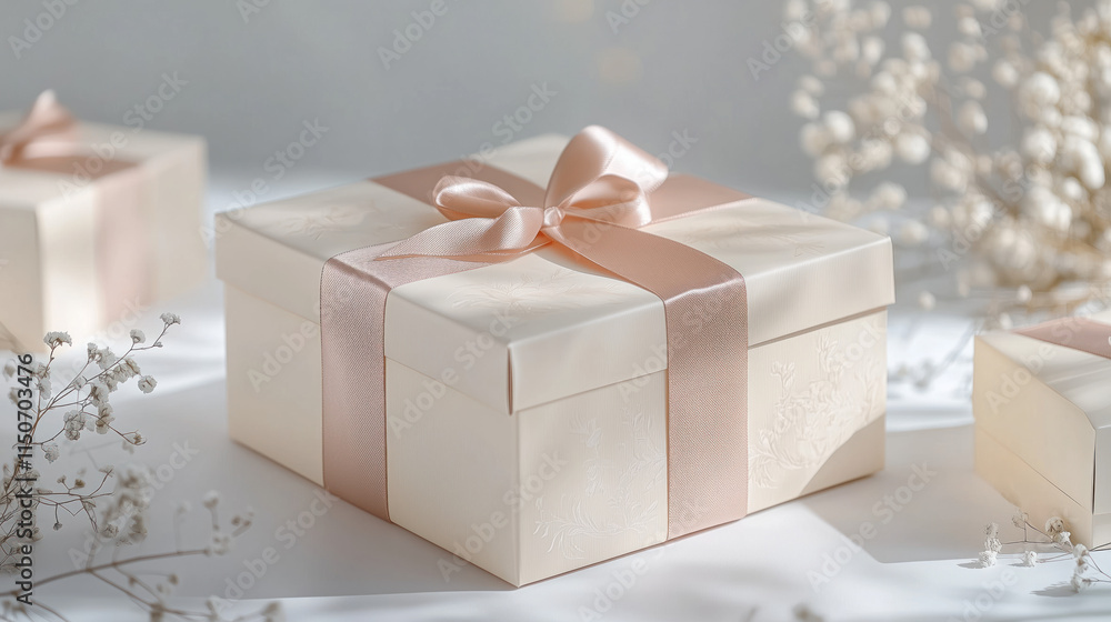 White gift box with pink ribbon on blue background in pastel colors White gift box with pink ribbon on blue background in pastel colors