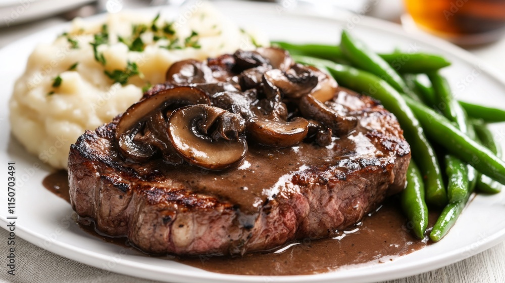 Delicious Grilled Steak with Mushrooms and Green Beans on Plate Delicious Grilled Steak with Mushrooms and Green Beans on Plate