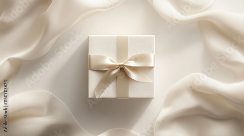 Elegant white gift with a beige ribbon on a silk background