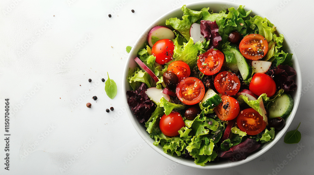 Vegetable salad with greens on white background, top view, copy space Vegetable salad with greens on white background, top view, copy space