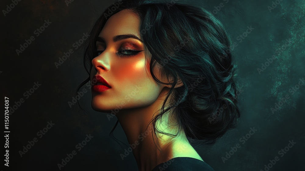 Naklejka premium Elegant Woman with Dramatic Makeup and Soft Lighting Portrait
