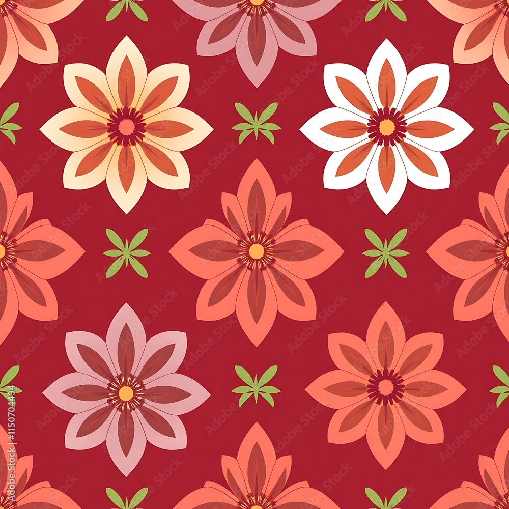 Blooming Elegance: A seamless pattern featuring vibrant floral motifs in a captivating interplay of pink, orange, and white hues against a rich red background. Blooming Elegance: A seamless pattern featuring vibrant floral motifs in a captivating interplay of pink, orange, and white hues against a rich red background.