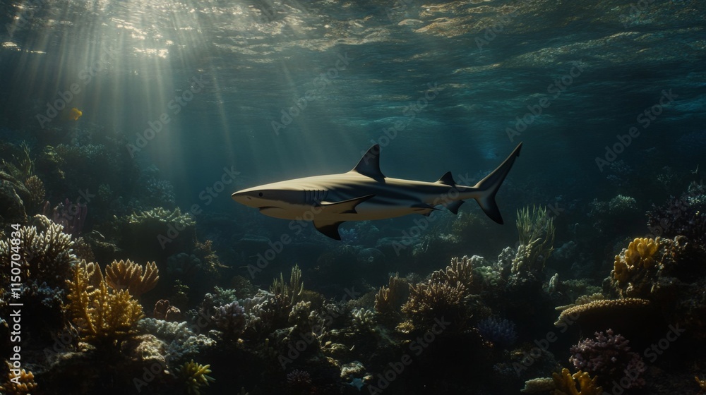 Fototapeta premium Graceful Shark Swimming Among Vibrant Coral Reef Underwater Light