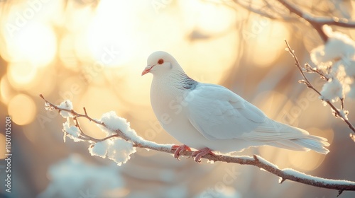 White dove perched on snow-covered branch at sunrise.