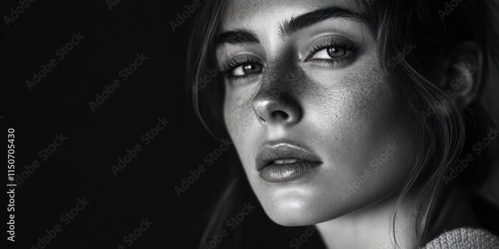 A woman gazes directly at the viewer, her defined cheekbones and freckles illuminated by soft lighting in a black and white setting, creating a captivating mood. Generative AI A woman gazes directly at the viewer, her defined cheekbones and freckles illuminated by soft lighting in a black and white setting, creating a captivating mood. Generative AI