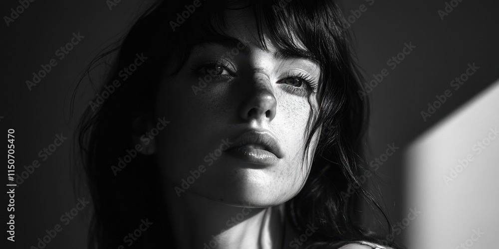 A young woman is captured with a striking expression, her face illuminated by gentle light, revealing her features in a dramatic black and white setting. Generative AI A young woman is captured with a striking expression, her face illuminated by gentle light, revealing her features in a dramatic black and white setting. Generative AI
