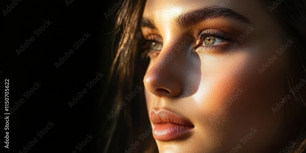 Natural light enhances the features of a woman with captivating green eyes and flawless skin, creating a serene and elegant atmosphere at sunset. Generative AI Natural light enhances the features of a woman with captivating green eyes and flawless skin, creating a serene and elegant atmosphere at sunset. Generative AI