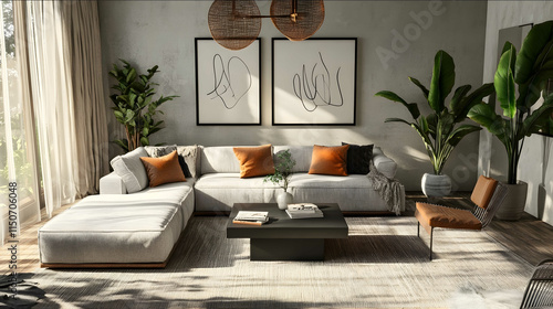 hyper realistic a chic and contemporary living space that seamlessly blends modern trends with timeless elegance The focal point is a sleek lowprofile sectional sofa in photo