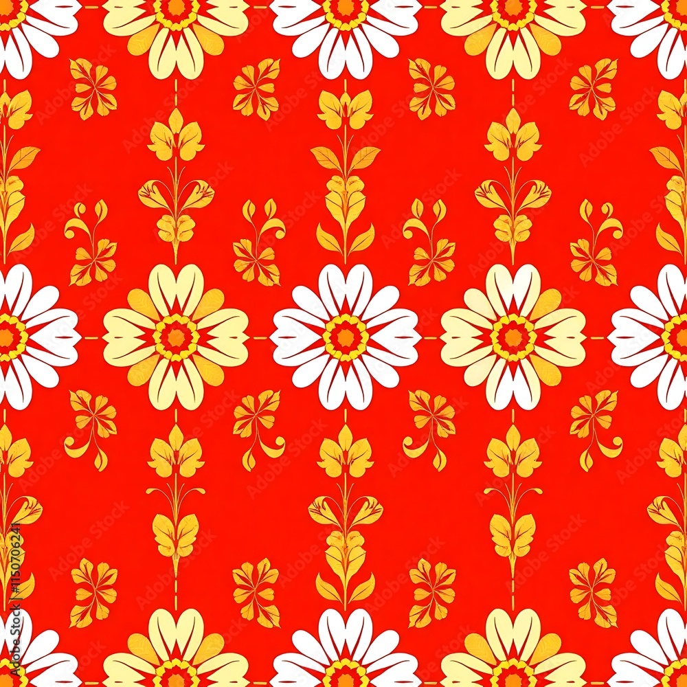 Red and Yellow Floral Pattern: An intricate, vibrant pattern featuring white daisies and yellow leaves set against a bold red background. This design creates a sense of warmth, energy. Red and Yellow Floral Pattern: An intricate, vibrant pattern featuring white daisies and yellow leaves set against a bold red background. This design creates a sense of warmth, energy.