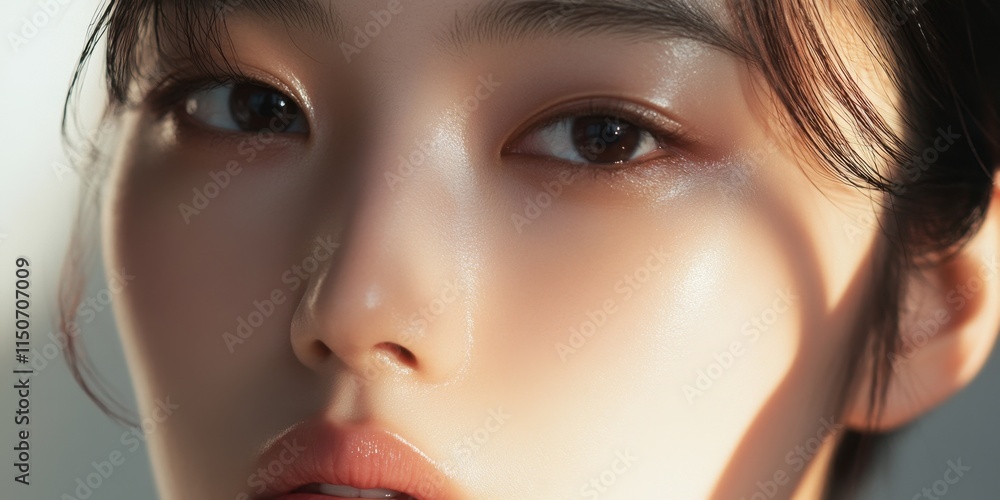 A young woman with striking features gazes softly, her eyes reflecting light, while gentle shadows accent her serene expression against a muted background. Generative AI A young woman with striking features gazes softly, her eyes reflecting light, while gentle shadows accent her serene expression against a muted background. Generative AI