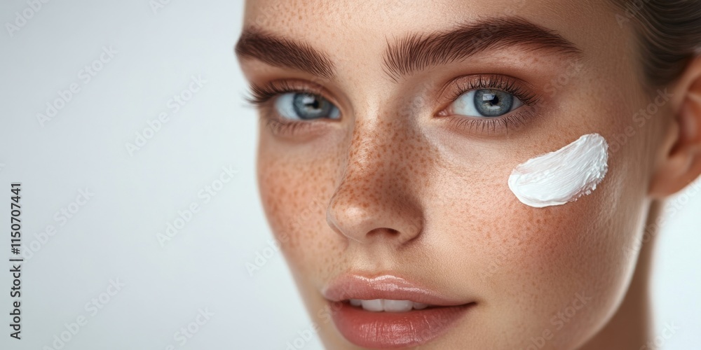 A young woman is applying a moisturizer to her face, emphasizing hydration and clear skin. She has blue eyes and freckles, showcasing a natural beauty look. Generative AI A young woman is applying a moisturizer to her face, emphasizing hydration and clear skin. She has blue eyes and freckles, showcasing a natural beauty look. Generative AI