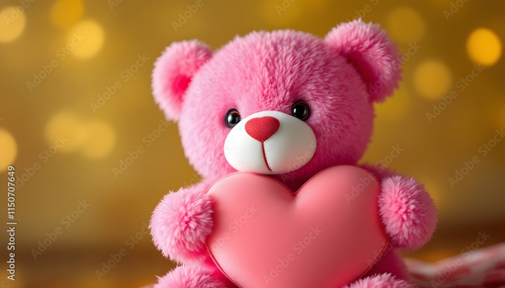 Fototapeta premium Adorable Pink Teddy Bear with a Heart Pillow Display