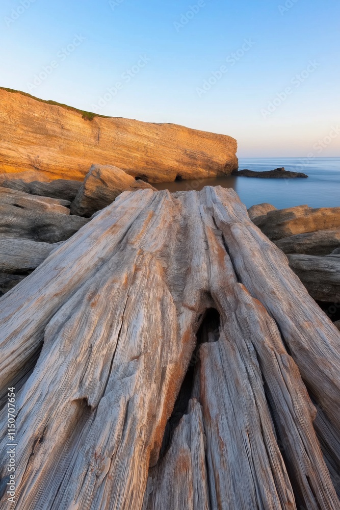 A large log with many holes in it sits on a rocky shore. The log is surrounded by rocks and the ocean. The scene is peaceful and serene, with the sun setting in the background A large log with many holes in it sits on a rocky shore. The log is surrounded by rocks and the ocean. The scene is peaceful and serene, with the sun setting in the background