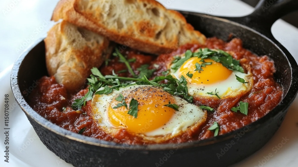 Delicious Breakfast Skillet with Eggs in Savory Tomato Sauce Delicious Breakfast Skillet with Eggs in Savory Tomato Sauce