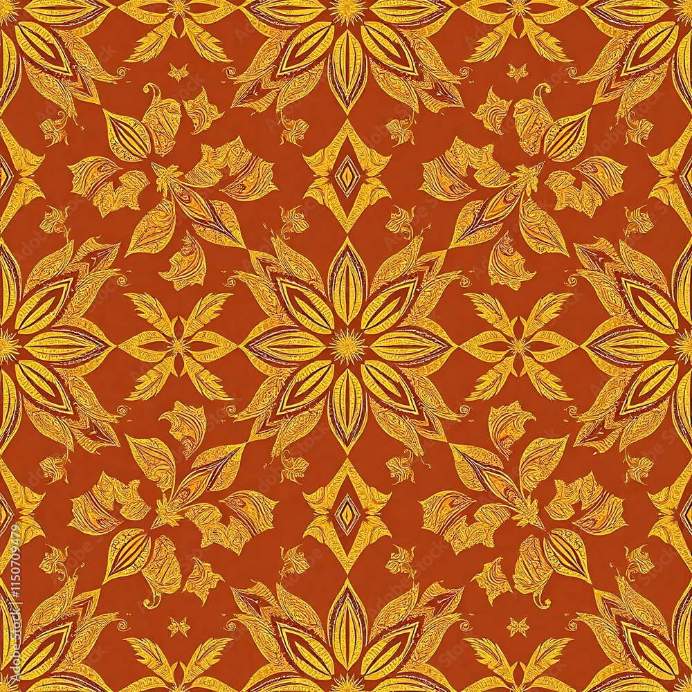 Autumnal Radiance: Intricate gold floral pattern on a rich burnt orange background. Seamless repeat textile design, perfect for fall fashion, home decor, and surface design projects. Autumnal Radiance: Intricate gold floral pattern on a rich burnt orange background. Seamless repeat textile design, perfect for fall fashion, home decor, and surface design projects.