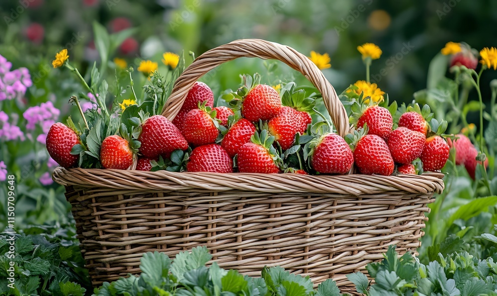 A straw basket filled with freshly picked strawberries and a selection of garden herbs A straw basket filled with freshly picked strawberries and a selection of garden herbs