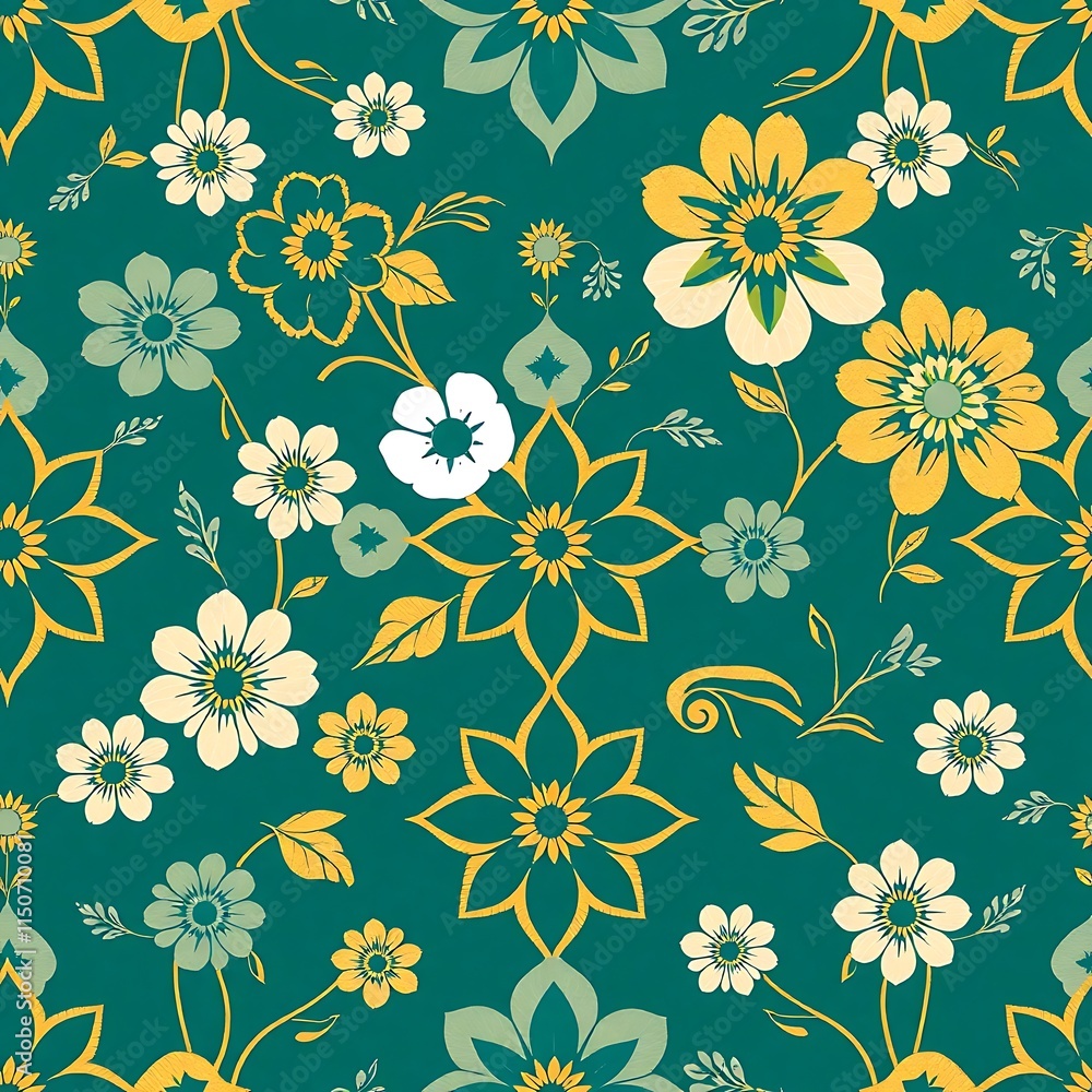 Obraz premium Teal Floral Seamless Pattern 