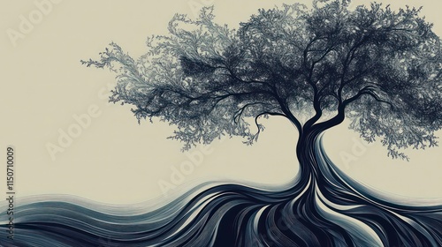 Abstract grayscale illustration of a tree with swirling roots against a light background. photo