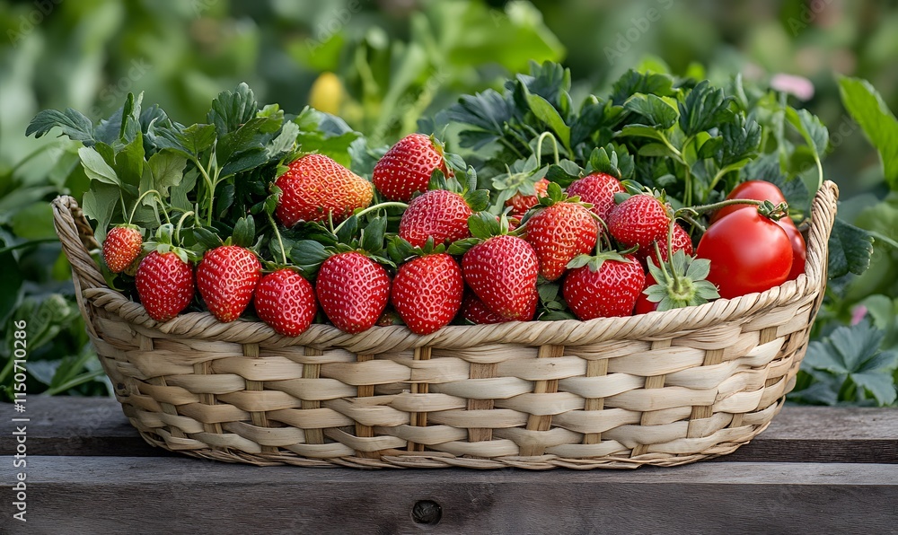 A straw basket filled with strawberries and a few garden vegetables A straw basket filled with strawberries and a few garden vegetables