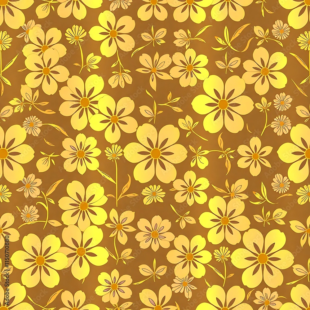 Golden Floral Pattern: A captivating seamless pattern featuring delicate yellow flowers blooming on a rich brown background. The stylized floral design creates a cheerful and elegant aesthetic. Golden Floral Pattern: A captivating seamless pattern featuring delicate yellow flowers blooming on a rich brown background. The stylized floral design creates a cheerful and elegant aesthetic.