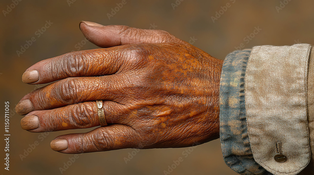 Fototapeta premium Aged and hardworking hand with a golden ring, resting on a warm, textured background. The image highlights skin details and symbolizes experience, wisdom, and the passage of time. Generated with AI