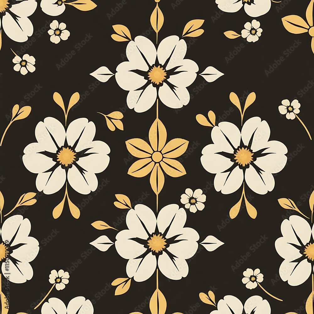Elegant Floral Pattern: Dark background, seamless repeat pattern with off-white and gold flowers. Perfect for textile design, wallpaper, and surface patterns. Elegant Floral Pattern: Dark background, seamless repeat pattern with off-white and gold flowers. Perfect for textile design, wallpaper, and surface patterns.