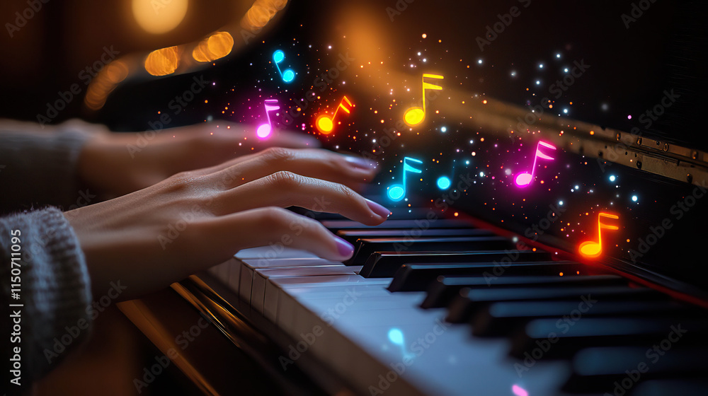 Fototapeta premium Hands playing a piano with colorful musical notes floating in a warm, magical setting, representing creativity and artistic expression. Generated with AI
