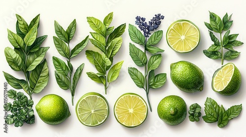 Fresh Green Leaves and Citrus Fruits Arrangement on Light Background photo