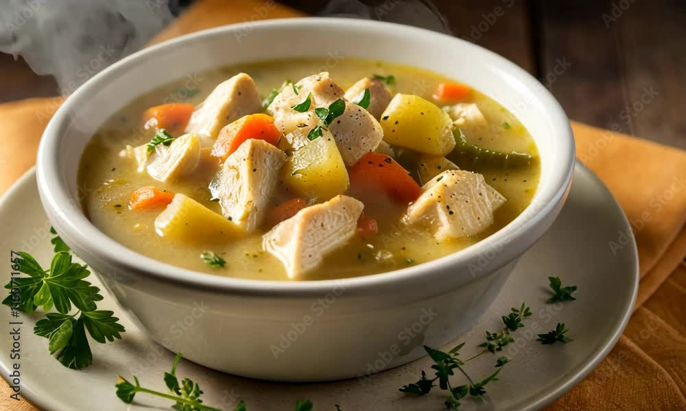 A steaming bowl of Thai chicken curry soup with tender chicken, fresh basil leaves, chili peppers, and a rich coconut curry broth A steaming bowl of Thai chicken curry soup with tender chicken, fresh basil leaves, chili peppers, and a rich coconut curry broth