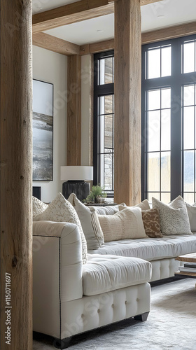 Step into a glamorous living room with a Rustic Modern feel with wood pillars and tall Black windows where glamour meets rustic This chic space fratures a mix of glamou photo