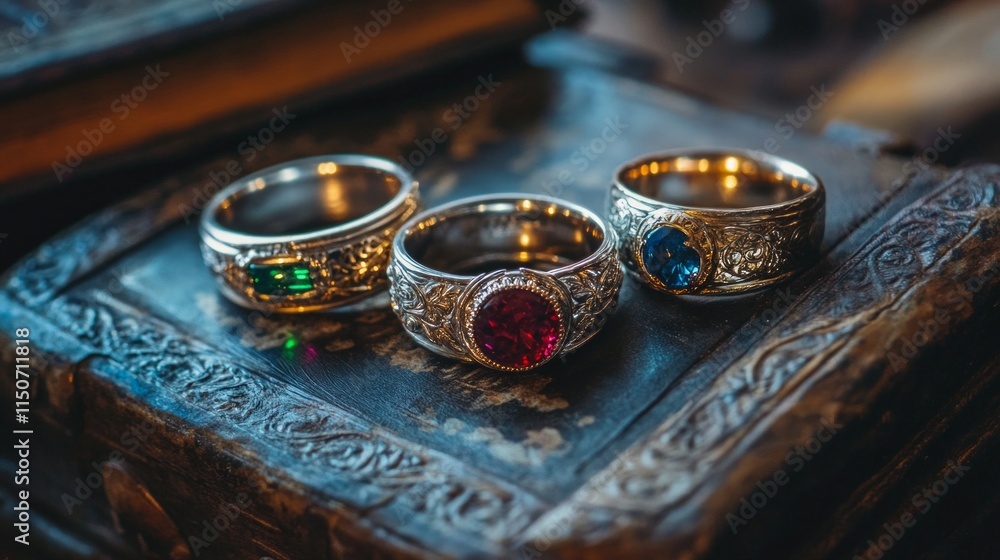 Ornate gold rings with gemstones on antique wooden surface Ornate gold rings with gemstones on antique wooden surface