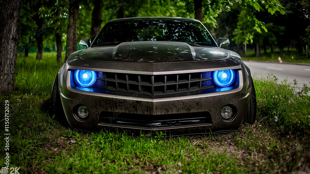 Custom car parked on grassy roadside with vibrant blue headlights in a serene wooded area Custom car parked on grassy roadside with vibrant blue headlights in a serene wooded area