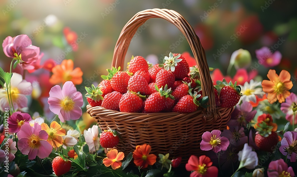 A straw basket overflowing with freshly picked strawberries A straw basket overflowing with freshly picked strawberries